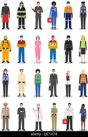Personaggi occupazione persone in stile piatto isolato su sfondo bianco. Icone vettoriali piatte su sfondo bianco. Modelli per infografica, siti, Illustrazione Vettoriale