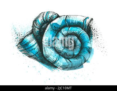Illustrazione dell'acquerello con grafica. Una shell blu disegnata a mano con schizzi e macchie. Un oggetto isolato astratto. Per stampa, poster, cartoline Foto Stock