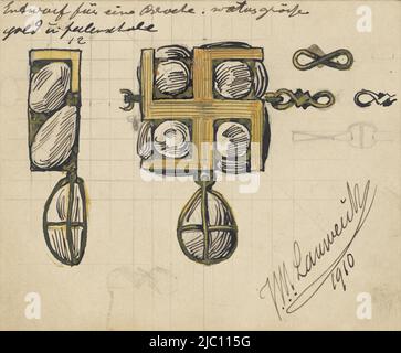 Disegno per un pezzo di gioielleria, disegno per una spilla con perle in motivo swastika., disegnatore: Mathieu Lauweriks, 1910, carta, penna, spazzola, a 92 mm x l 111 mm Foto Stock