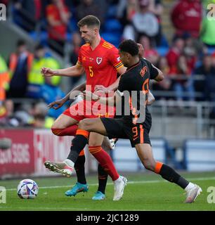 Cardiff, Regno Unito, 8 giugno 2022, Cody Gakpo (Olanda) (R) affronta Chris Mepham (Galles) , durante la UEFA Nations League, Credit:, Graham Glendinning,/ Alamy Live News Punteggio finale: 1-2 Foto Stock