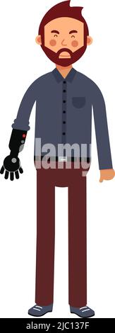 Uomo con braccio artificiale. Protesi dell'arto umano. Persona handicappata Illustrazione Vettoriale