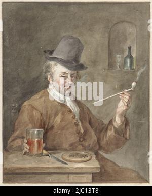 Uomo fumatore di tubi ad un tavolo con un piatto, un coltello e un bicchiere, disegnatore: Aert Schouman, dopo: Gabriël Metsu, 1778, carta, spazzola, a 197 mm x l 158 mm Foto Stock