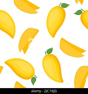 Modello senza cuciture con mango, frutta intera e fette, illustrazione vettoriale Illustrazione Vettoriale