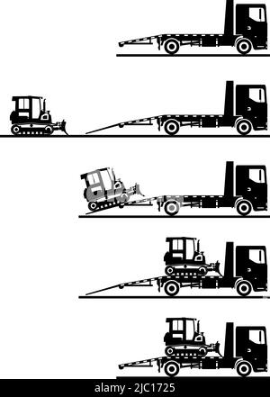 Illustrazione della silhouette del trasportatore auto e del dozer su sfondo bianco in diverse posizioni. Illustrazione Vettoriale