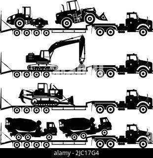 Illustrazione della silhouette del trasportatore auto e delle macchine da costruzione pesanti su sfondo bianco in diverse posizioni. Illustrazione Vettoriale