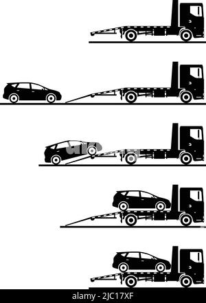 Illustrazione della silhouette del trasportatore automatico e dell'auto su sfondo bianco in diverse posizioni. Illustrazione Vettoriale