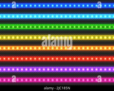 Striscia luminosa a LED. Nastro colorato realistico con effetto incandescente, verde rosso blu giallo viola e viola illuminato striscia set. Decorazione vettoriale della luce Illustrazione Vettoriale