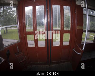 vecchio tram di new york, vagone rosso del 1939 Foto Stock