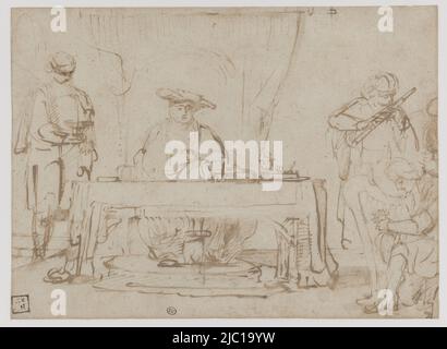 David suona la sua arpa davanti a Saul, con un Servo e altri musicisti, disegnatore: Willem Drost, (attribuito a), disegnatore: Jan Victors, (rigettato attribuzione), Relatore: CAREL Fabritius, (rifiuto di attribuzione), Amsterdam, c.. 1650 - c. 1655, carta, penna, h 159 mm x l 216 mm Foto Stock