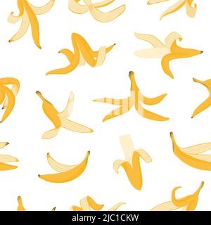 Modello a buccia di banana. Stampa senza giunture di cartone animato banana pelle rifiuti organici, giallo colorato frutta spazzatura. Trama vettoriale Illustrazione Vettoriale