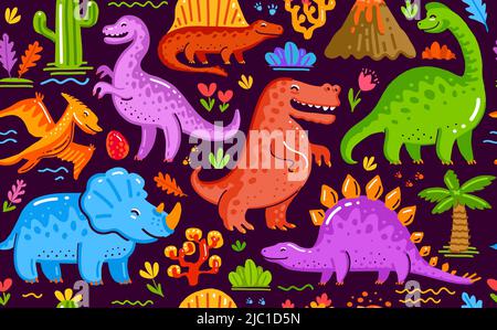Divertenti dinosauri sfondo senza giunture. Animali preistorici modello luminoso. Illustrazione vettoriale carina di cartoni animati infantile Illustrazione Vettoriale