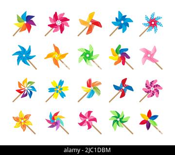 Giocattolo con ruota a spillo. Cartoon carta mulino a vento colorato bambino giocattolo ruotato da energia del vento, carino ruota pinned estate giocattolo collezione. Set di ventole Vector origami Illustrazione Vettoriale