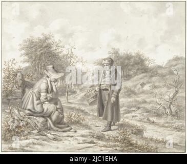 Disegno per una stampa, paesaggio collinare con donna seduta e uomo in piedi con cesto, disegnatore: Jacob Ernst Marcus, 1812, carta, penna, pennello, a 204 mm x l 251 mm Foto Stock