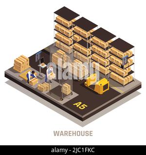 Moderno impianto di magazzino operazioni di processo composizioni isometriche con cargo consegna tracking carico posizionamento sistema di stoccaggio illustrazione vettoriale Illustrazione Vettoriale