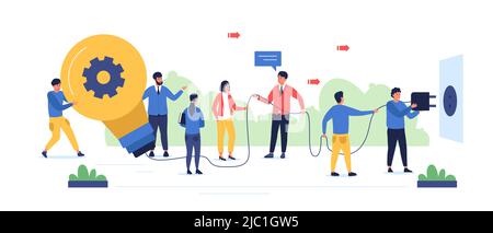 Idea della lampadina. Personaggi cartoon alla ricerca di idee e accendere la lampadina, gruppo lavorando insieme sulla soluzione del problema. Set isolato vettoriale Illustrazione Vettoriale