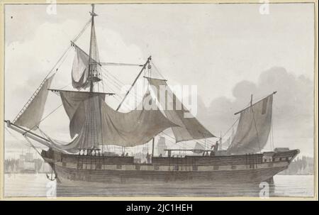 Tre-master sotto carro di emergenza, entrando in un porto con vento debole nave a vela visto dal lato, in un porto, disegnatore: Hendrik Abraham Klinkhamer, 3-Gen-1846 - 3-Dic-1846, carta, penna, pennello, a 121 mm x l 194 mm Foto Stock