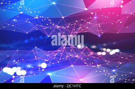 Neon viola raggi cyberspazio. Una rete di poligoni con lampeggi a diodi. 3D illustrazione dei campi di dati blu-rosa Foto Stock