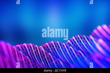 Futuristico astratto onde al neon. Linee attorcigliate con profondità di campo poco profonda. 3D illustrazione in viola e blu Foto Stock