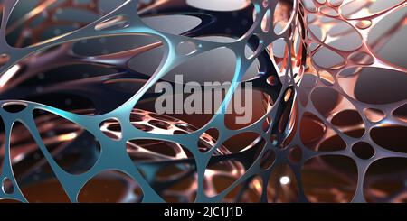 Rete neurale nel ciberspazio nanotecnologico. Riassunto 3D illustrazione del nastro sintetico. Composti organici e sintetici in nanostrutture Foto Stock