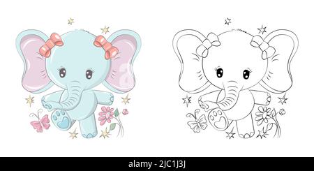 Cute Elephant Clipart per colorare pagina e illustrazione. Felice clip Art Elephant. Illustrazione vettoriale di un animale per adesivi, stampe per abiti Illustrazione Vettoriale