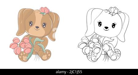 Cute Dog Clipart per colorare pagina e illustrazione. Felice clip Art Dog con un mazzo di tulipani. Illustrazione vettoriale di un animale per adesivi Illustrazione Vettoriale