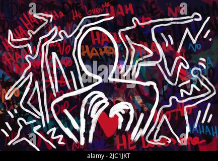 Parete di tipo graffiti spooky, profilo del carattere, gente danzante, comportamento ossessivo, amore, arte con graffiti. Scrittura psicotica scura spazzola e nastro ruvido Foto Stock