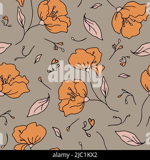 Motivo vettoriale senza cuciture con delicati fiori romantici su sfondo grigio. Carta da parati dal design floreale moderno. Decorativo fiore fiore moda tessile. Illustrazione Vettoriale