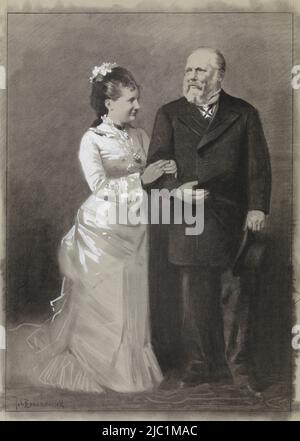 Disegno per una stampa, disegno per illustrazione in De Amsterdammer: S.M. re Willem III e sua giovane moglie Regina Emma, 1879, disegnatore: Johan Braakensiek, 1904, carta, a 532 mm x l 384 mm Foto Stock