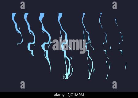 Animazione dei fulmini. Cartoon thunderbolt colpire cornici di sprite per il gioco 2D, attacco di terra elettrico Clipart asset. Energia magica del temporale vettoriale Illustrazione Vettoriale