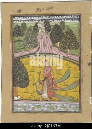 Su un campo giallo con cespugli di fiori simmetrici e un laghetto con fiori di loto in primo piano si erge una giovane donna di profilo a sinistra, è accompagnata da tre pavoni che la guardano verso l'alto, lo sfondo è un paesaggio roccioso con alberi e un tempio storto. La rappresentazione è incollata su una foglia beige tagliata a strisce e incorniciata da linee di cornice colorate, un'iscrizione sul bordo superiore e sul retro della foglia, Kakubha ragini., disegnatore: anonimo, Rajasthan, c. 1820, carta, spazzola, spazzola, h 283 mm x l 212 mm, h 225 mm x l 156 mm Foto Stock