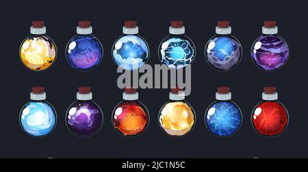 Pozione magica del gioco. Bottiglie misteriose Witchcraft con elisir di alchimia, fiasca di vetro con veleno e prodotti chimici. Asset interfaccia di gioco vettoriale, cartoon clipart Illustrazione Vettoriale