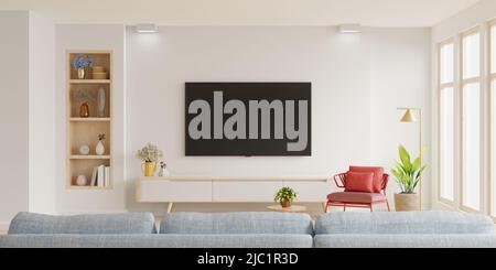 tv a parete bianca su cabinet in soggiorno con poltrona rossa e divano, design minimal.3D rendering Foto Stock