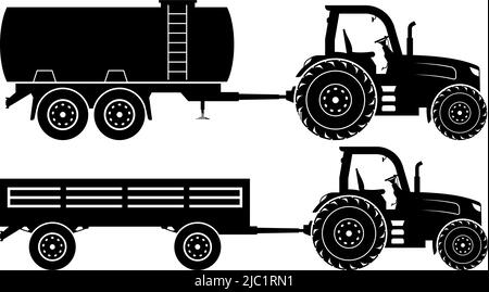 Trattore con rimorchio e silhouette serbatoio su sfondo bianco. Le icone dei veicoli agricoli consentono di impostare la vista laterale. Illustrazione Vettoriale