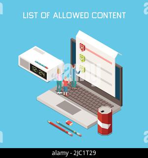 Utilizzo del controllo genitori su un computer portatile con smartphone figlio composizione isometrica advisory con impostazione delle restrizioni del contenuto illustrazione vettoriale Illustrazione Vettoriale