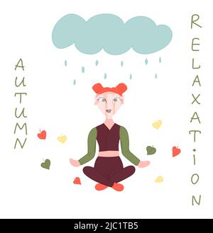Readhead ragazza in meditazione sotto la pioggia, autunno Illustrazione Vettoriale