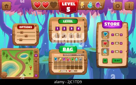 Schermata del menu del gioco Cartoon. Sfondo del gioco di puzzle con elementi di interfaccia, icone pulsanti menu punteggi pannello e barra di avanzamento. Asset vettoriale casuale Illustrazione Vettoriale