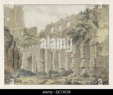 Volto nel Colosseo con un monaco in primo piano, disegnatore: Jean Grandjean, (firmato dall'artista), Roma, 1779, carta, penna, spazzola, h 407 mm x l 532 mm Foto Stock