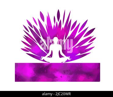 Logo Yoga. Posizione Lotus. Illustrazione vettoriale. Silhouette umana con fiore di loto Illustrazione Vettoriale