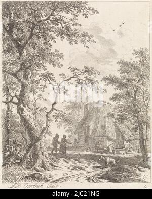 Due camminatori vicino ad una fattoria Paesaggi con figure (titolo della serie), tipografo: Leendert Overbeek, (menzionato sull'oggetto), Haarlem, 1791, carta, incisione, h 202 mm x l 162 mm Foto Stock