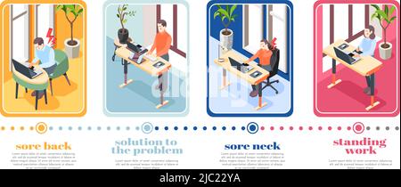 Postazione di lavoro ergonomica quattro poster illustrano la corretta posizione seduta e eretta per l'uso di illustrazioni vettoriali per computer Illustrazione Vettoriale