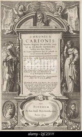 Una targa in una cornice architettonica indica il titolo del libro. Sulla targa si trova un busto ritratto di P. Melanchthon. Su entrambi i lati si trovano le figure allegoriche Historia e memoria su piedistallo in pietra. Sul piedistallo si trovano medaglioni con ritratti di Giulio Cesare e dell'imperatore Carlo V., Title page di P. Melanchthon's Chronica Carionis vanben begrne des werelts aen tot op den Keyser Carolum (titolo sull'oggetto), print maker: Isaeck van Aelst, (menzionato sull'oggetto), David Vinckboons (i), editore: Jan Jansz., (Menzionato sull'oggetto), Arnhem, 1629, carta, incisione, h 293 mm Foto Stock