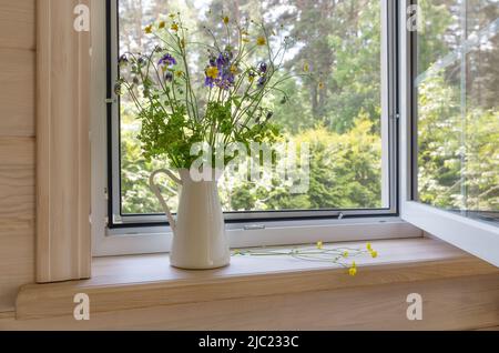 Finestra bianca con rete di mosuito in una casa rustica in legno Foto Stock