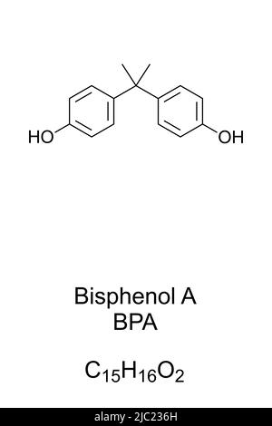 Bisfenolo A, BPA, formula chimica e struttura scheletrica. Composto chimico utilizzato nella fabbricazione di varie materie plastiche. Foto Stock