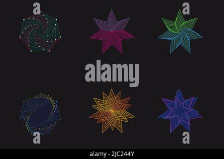 Set di spirali stelle linea arte, elementi di disegno, linee astratte pattern. Spirali, linee di torsione, vortici . Modelli vettoriali di geometria radiale Illustrazione Vettoriale