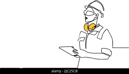 Disegno continuo di una linea di ingegnere donna indossando casco uniforme e di sicurezza Illustrazione Vettoriale