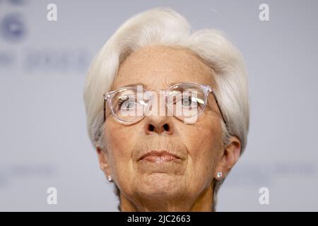 2022-06-09 14:32:22 Presidente della Banca centrale europea (BCE) Christine Lagarde durante la conferenza stampa dell'Hermitage di Amsterdam, Paesi Bassi, dopo la riunione della Banca centrale europea, il 9 giugno 2022. La banca centrale prevede di aumentare nuovamente i tassi di interesse per la prima volta dal 2011. ANP SEM VAN DER WAL uscita paesi bassi - uscita belgio Foto Stock