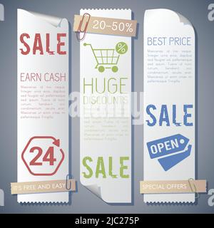 Tre banner set composizione con informazioni sulla vendita guadagnare contanti, enorme sconto, offerte aperte e speciali sul sfondo grigio illustrazione vettoriale Illustrazione Vettoriale