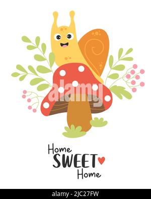 Casa Sweet Home. Cartolina con cute chiocciola felice sul mosca fungo della foresta agarica tra erba e piante e bacche. Illustrazione vettoriale. Carta con lumaca Illustrazione Vettoriale