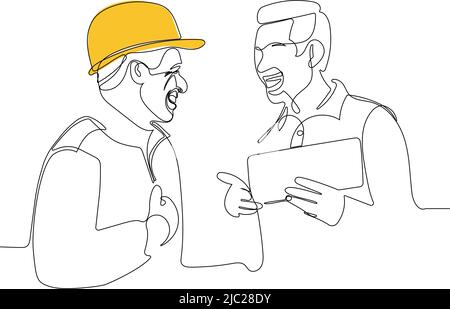 Disegno continuo a una linea diingegnere che indossa casco uniforme e di sicurezza Illustrazione Vettoriale