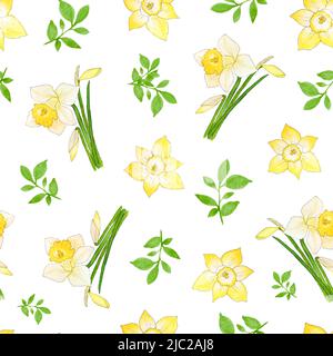 Acquerello primavera modello con fiori di daffodil. Motivo floreale primaverile con naffodils gialli. Design per tessuti, cancelleria, scrapbooking. Foto Stock